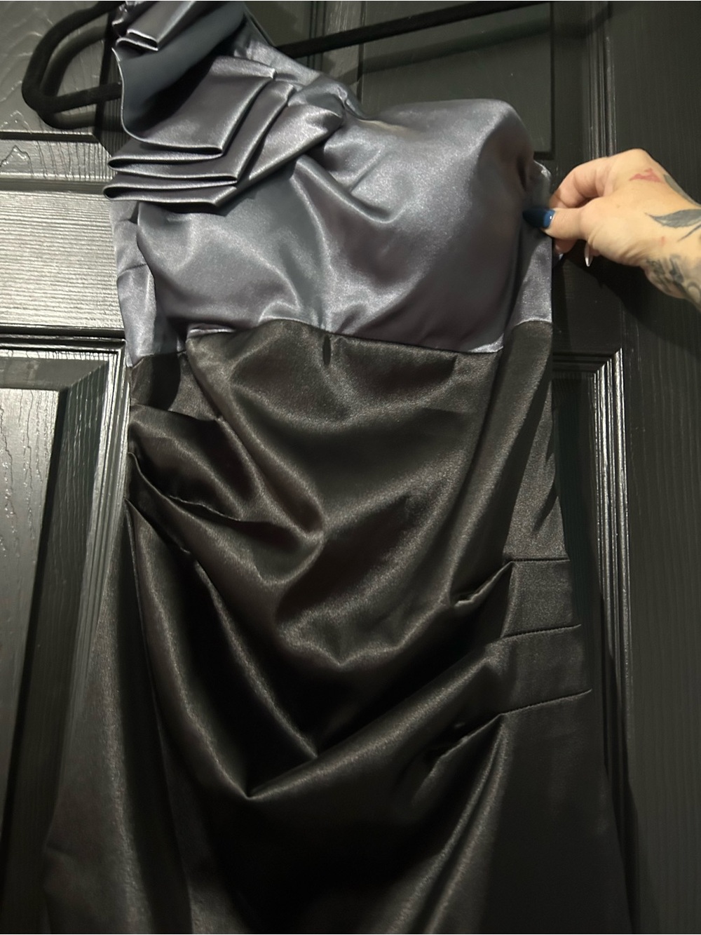 B Darlin Two-Tone Gray and Black Satin One-Shoulder Dress